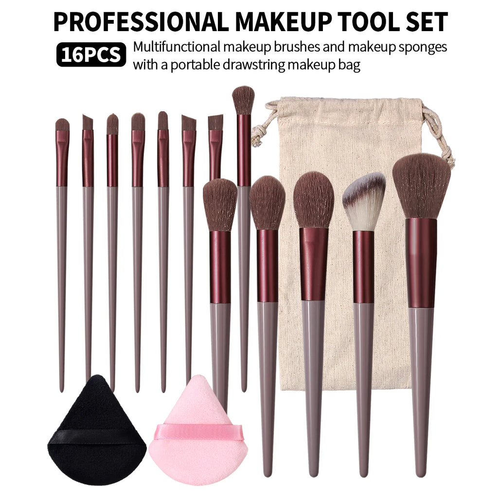 16-Pc Makeup Brush Set with Puffs & Storage Bag | KOSSHOW Makeup Brush Set QXL Brown