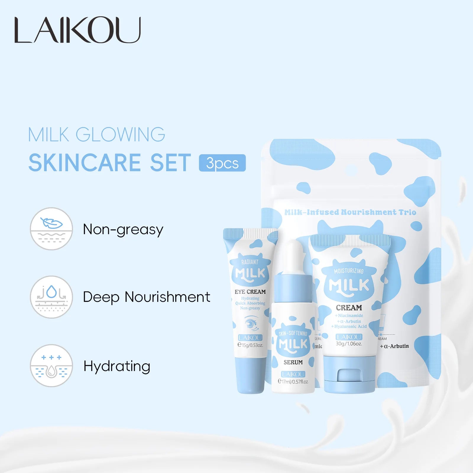 LAIKOU Milk 3-Piece Skincare Travel Set | Niacinamide & Hyaluronic Skincare Travel Set QXL