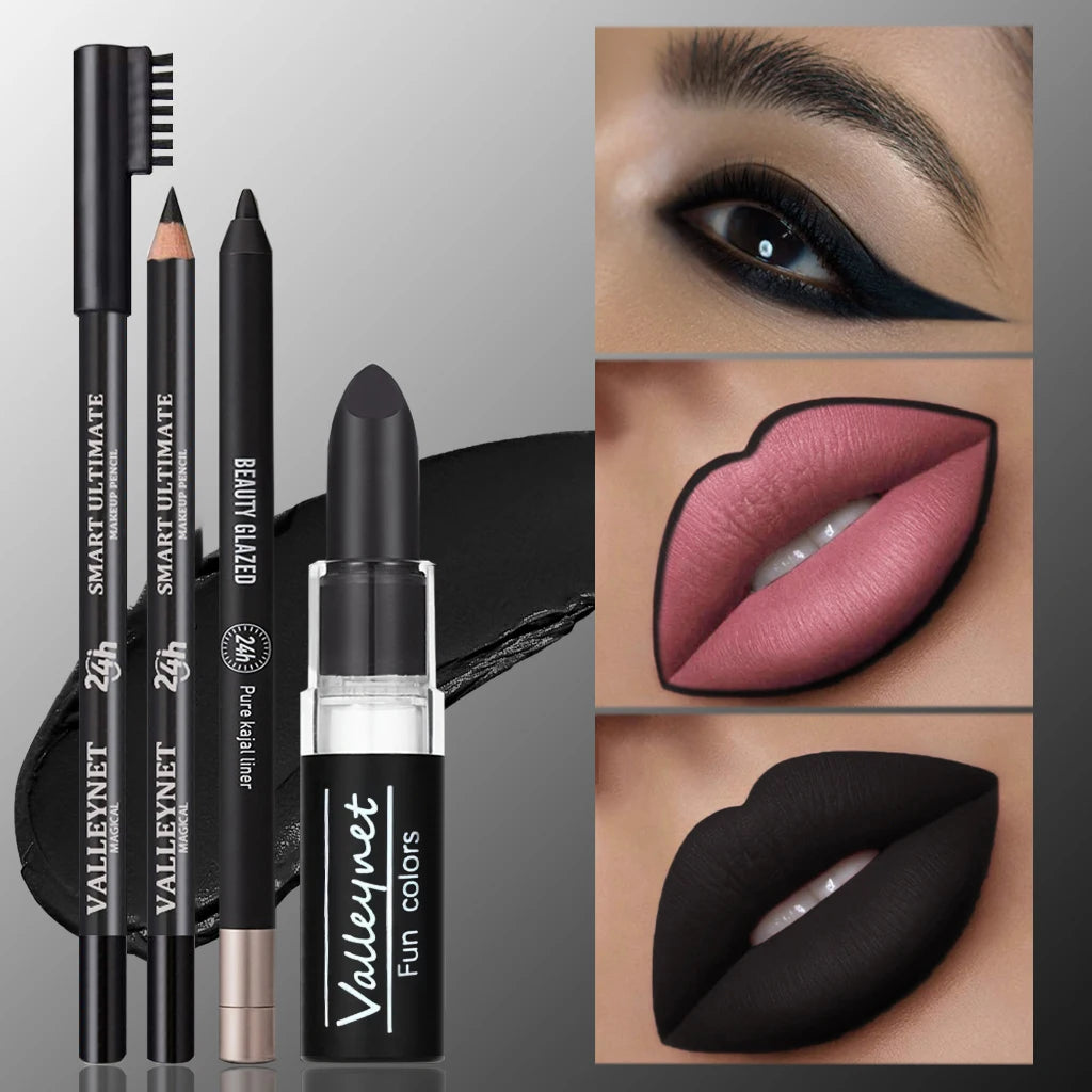 Dark Punk 3-Piece Makeup Set | Matte Black Lipstick & Eyeliner Makeup Set QXL