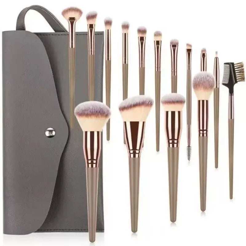 15-Piece Makeup Brush Set | Face & Eye Brushes with Bag Makeup Brush Set QXL 15pcs Brown with bag