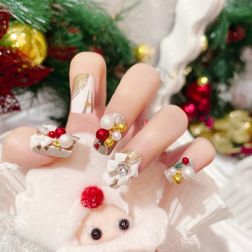 24-Pc Christmas Bowknot Press-On Nails Kit | Festive Manicure Press-On Nail Kit QXL