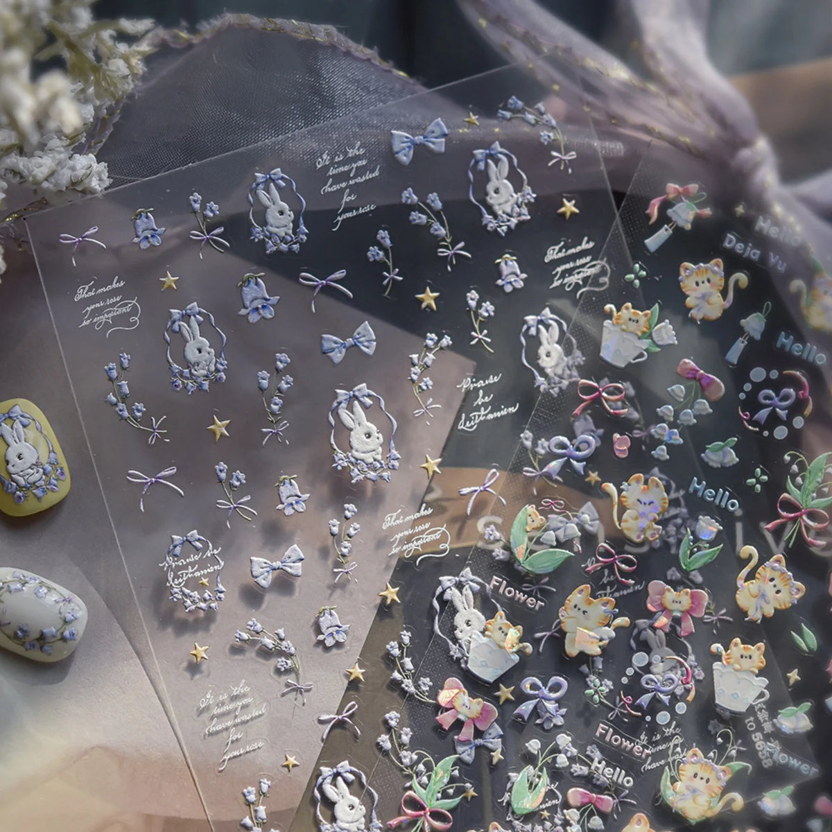 5D Holographic Cat & Floral Embossed Nail Stickers | Self-Adhesive Nail Art Stickers QXL