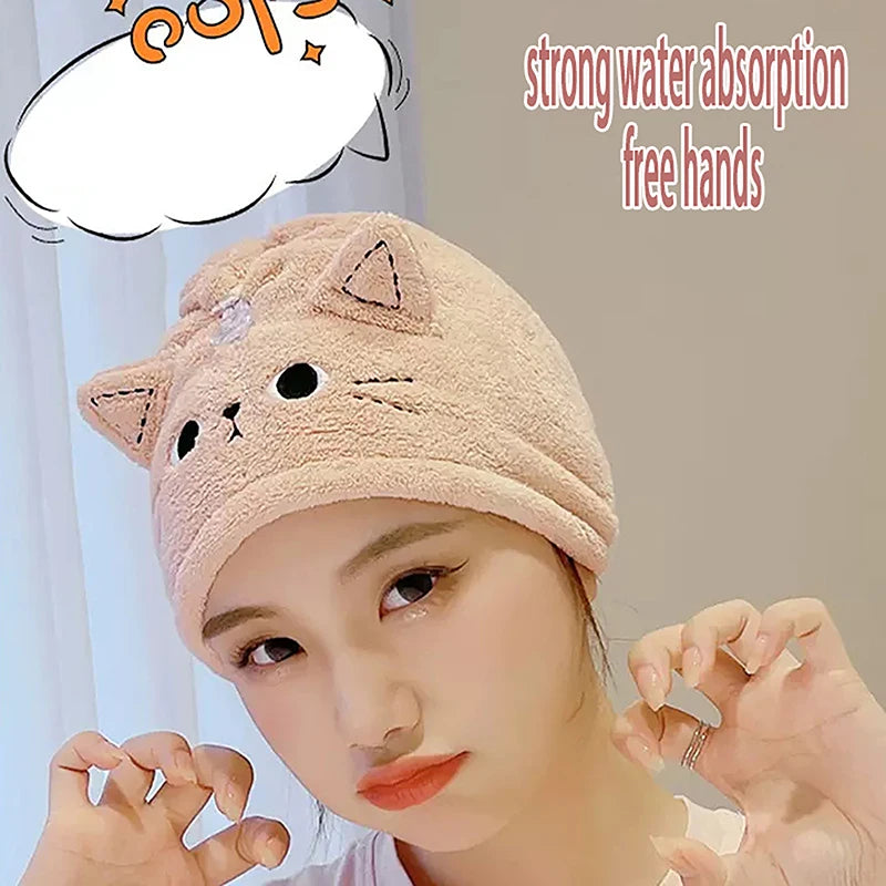 Cartoon Cat Coral Fleece Hair Towel Wrap Cap | Quick Dry Hair Towel Wrap QXL