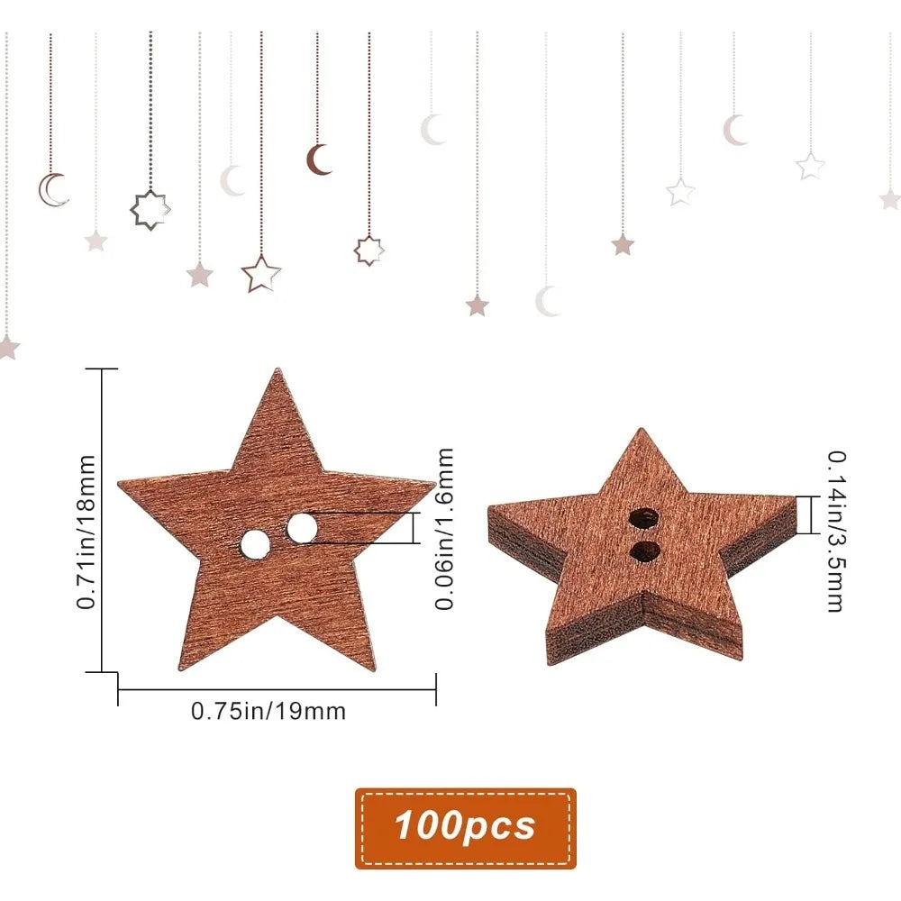 100-Pack Wooden Star Buttons | Vintage 2-Hole Sewing Craft Craft Buttons QXL