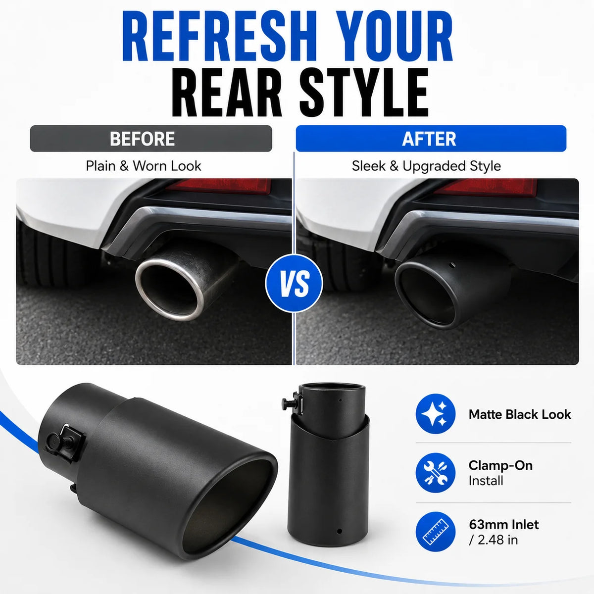 63mm Black Exhaust Tip | Universal Aluminum Muffler Tail Trim Exhaust Tail Tip QXL