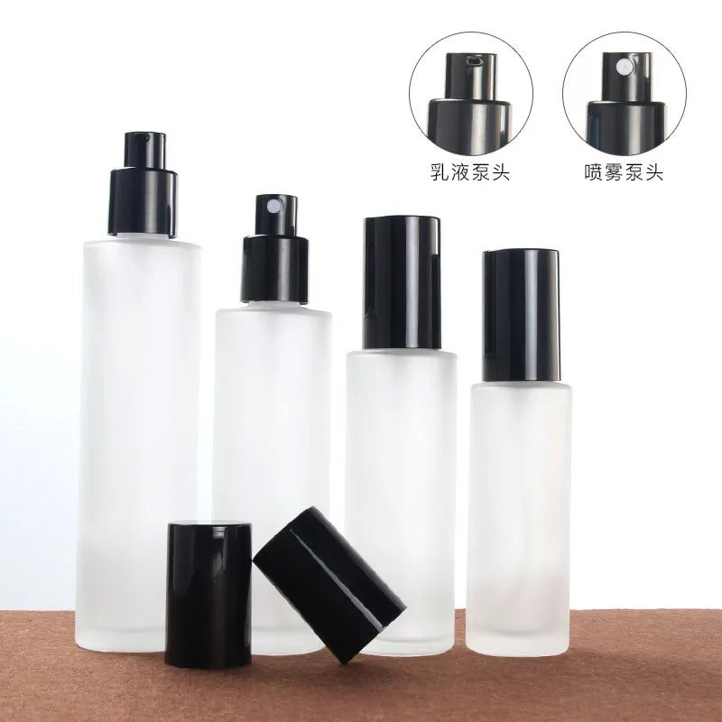 Frosted Glass Cosmetic Bottles & Cream Jars | Black Lid Cosmetic Glass Bottle QXL
