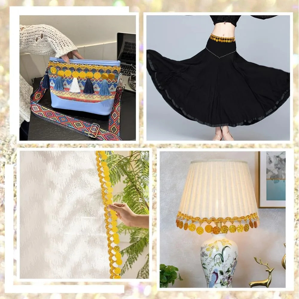 10 Yards Gold Sequin Tassel Fringe Trim | Metallic Coin Ribbon Sequin Fringe Trim QXL