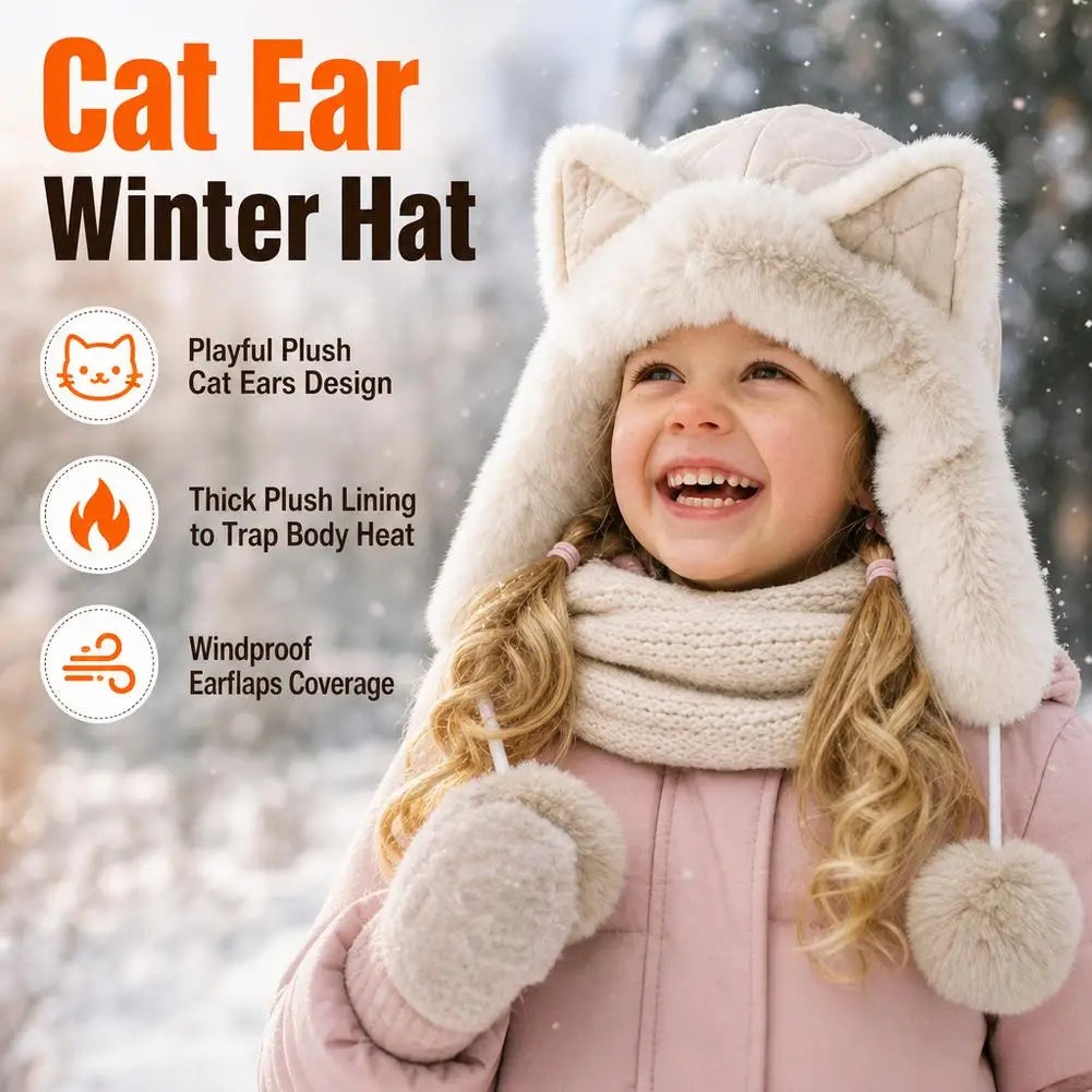 Women's Fleece Cat Ear Winter Hat with Earflaps & Pom-Poms Winter Earflap Hat QXL