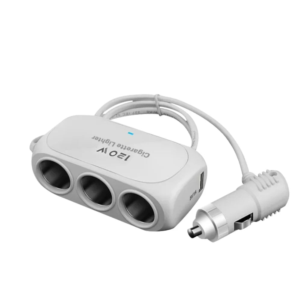 120W Car Cigarette Lighter Splitter 3-Socket USB-C Fast Charger Car Charger Splitter QXL WHITE