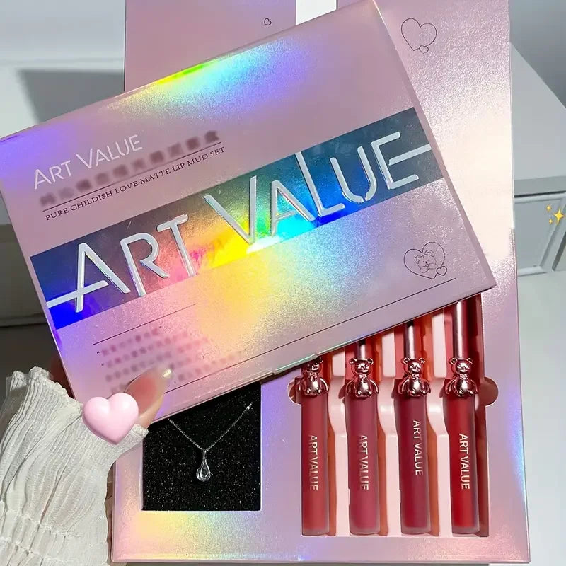 VERONNI Bear Lip Glaze & Necklace Gift Set | 4-Pc Matte Mirror Lip Glaze Gift Set QXL