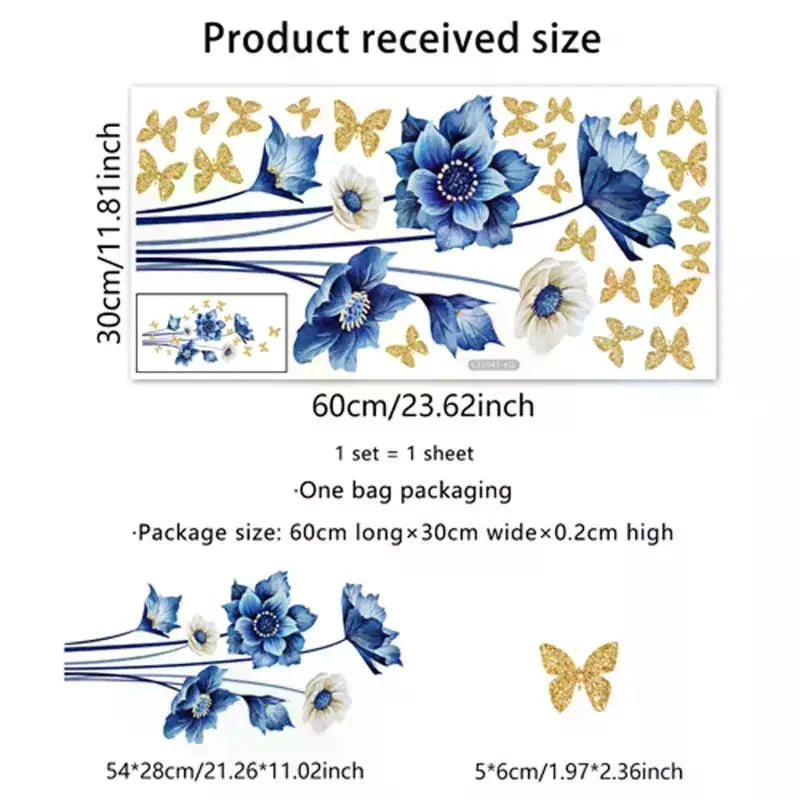 Blue Flower & Gold Butterfly PVC Wall Stickers 30×60cm Wall Decal Sticker QXL