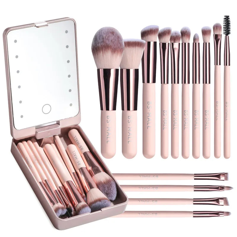 14-Pc Makeup Brush Set with Rechargeable LED Mirror Case Makeup Brush Set QXL