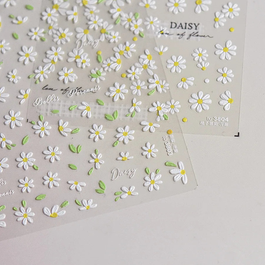 White Daisy 5D Embossed Nail Stickers | Spring Nail Art Decals Nail Art Stickers QXL