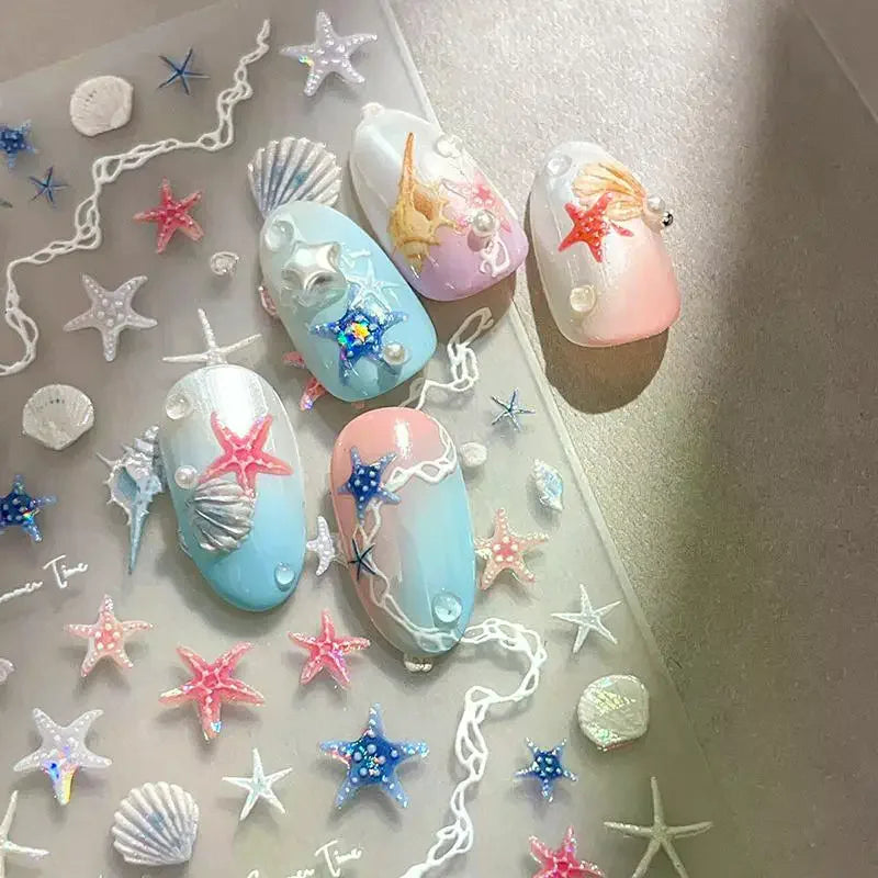 5D Summer Seashell Nail Stickers | Embossed Starfish Decals Nail Art Stickers QXL