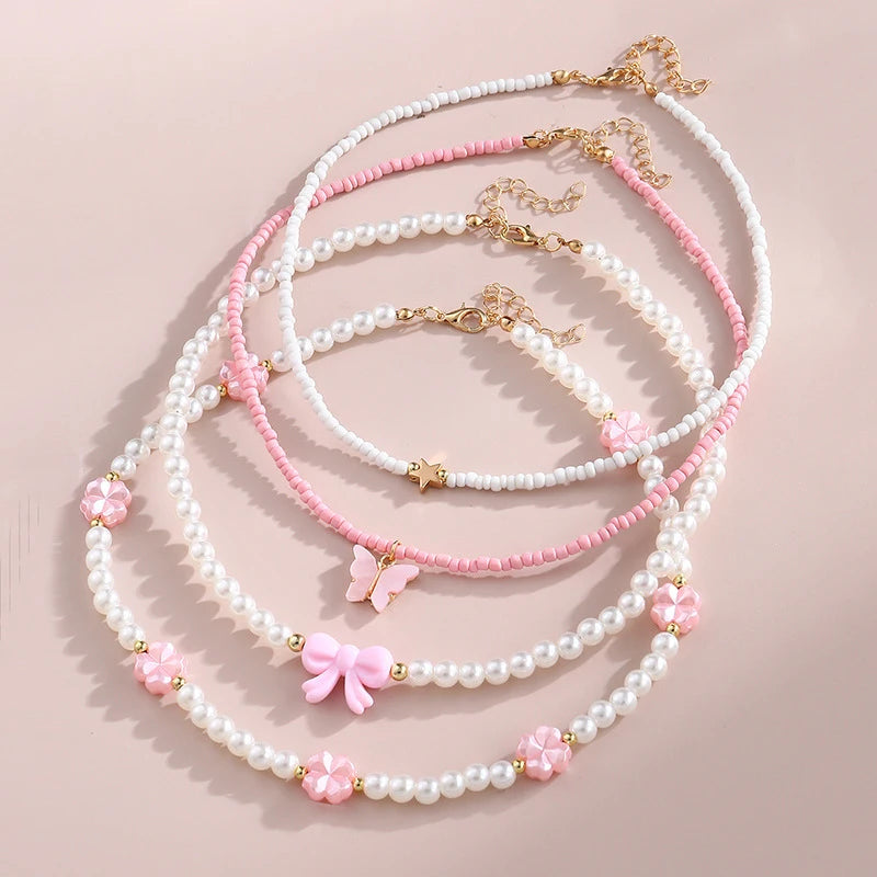 4-Pack Kids Butterfly & Pearl Beaded Necklace Set | Gift Kids Pendant Necklace QXL