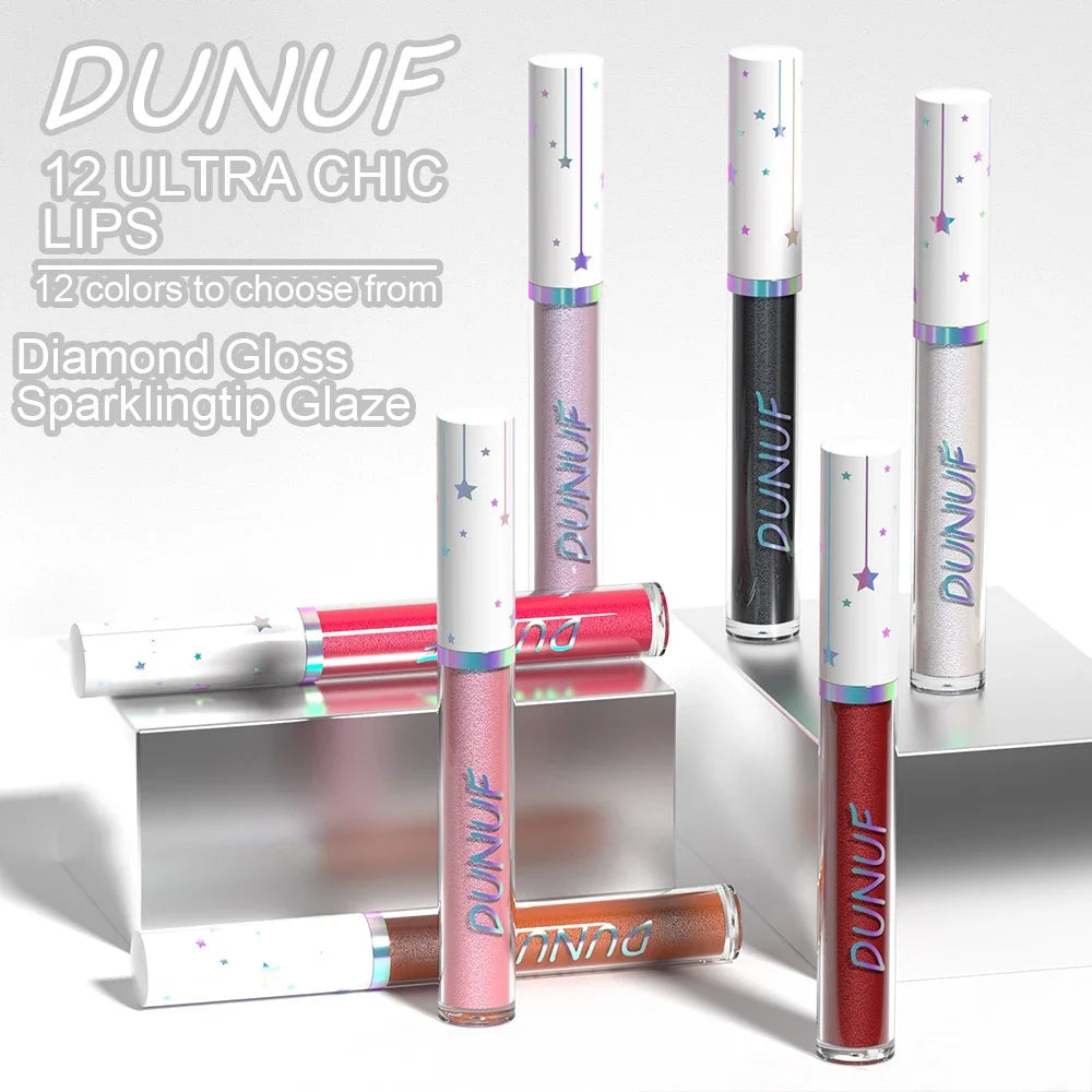 DUNUF Shimmer Lip Gloss – 12 Colors, Waterproof & Moisturizing Shimmer Lip Gloss QXL
