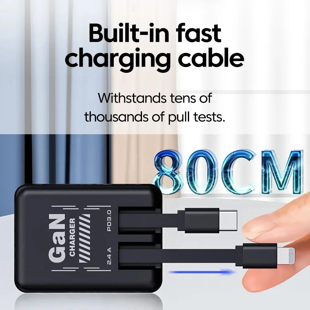 20W GaN PD3.0 Fast Charger | Retractable USB-C Cable Adapter GaN USB-C Wall Charger QXL