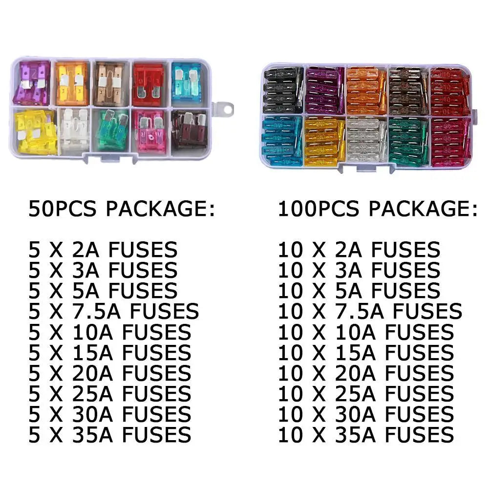50/100-Pack Mini Blade Fuse Assortment Kit 2A–35A Car Boat Automotive Fuse Kit QXL