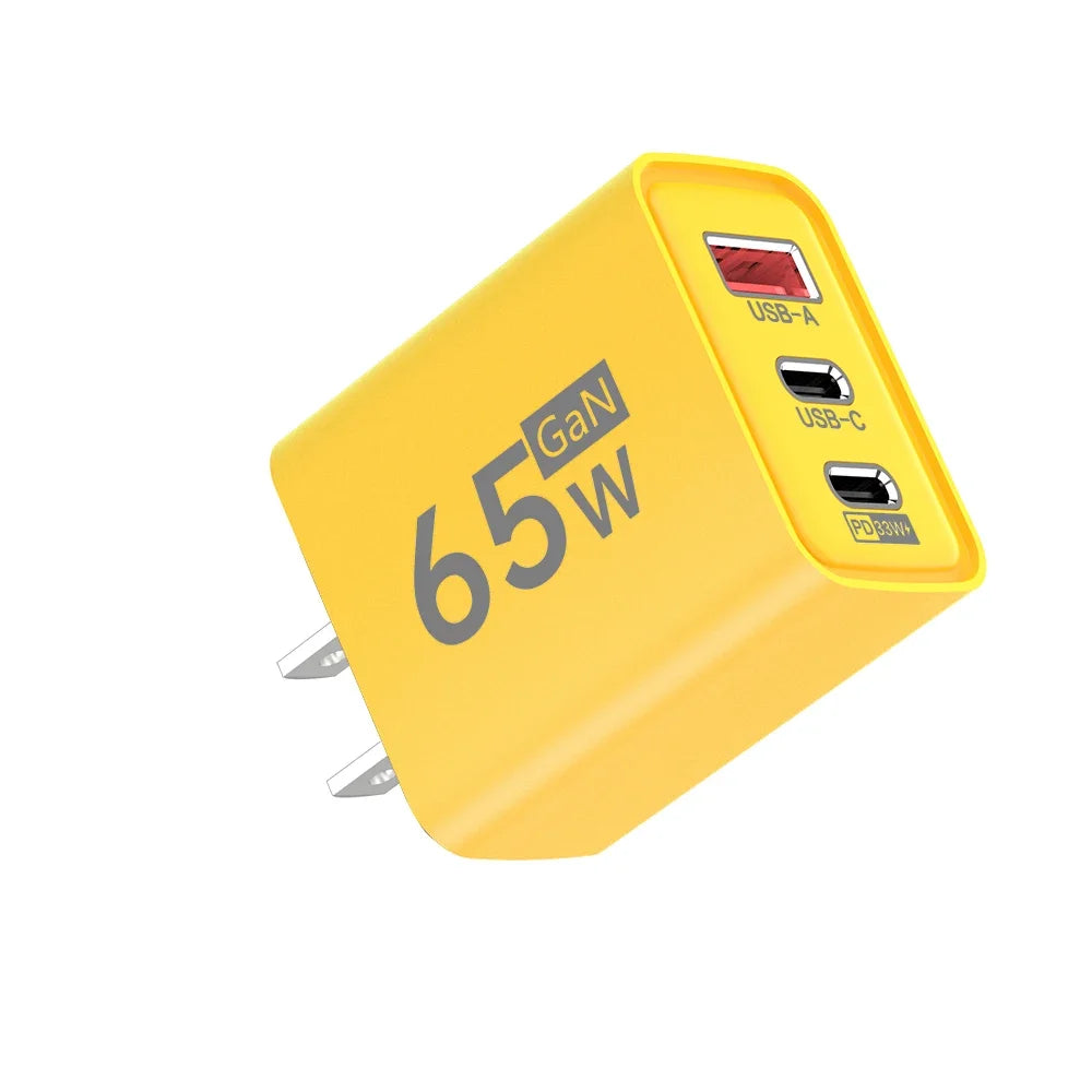 65W GaN USB-C Fast Charger EU/US Plug | Quick Charge 3.0 GaN Wall Charger QXL Yellow US Plug