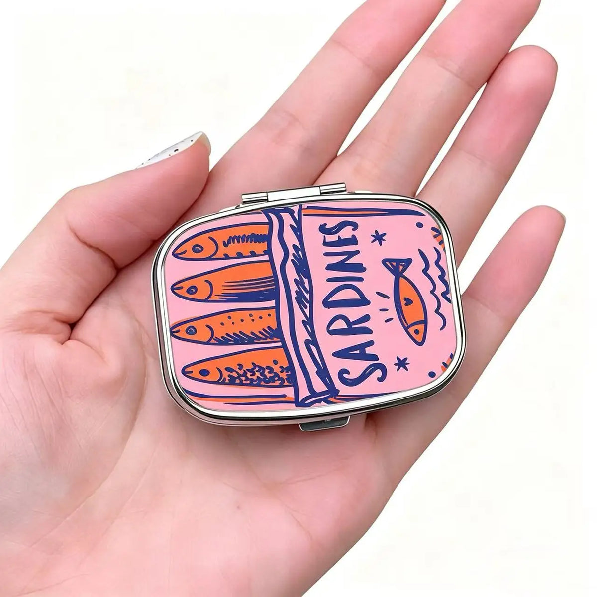Sardines Print Metal Pill Case | 2-Compartment Travel Organizer Pill Case Organizer QXL