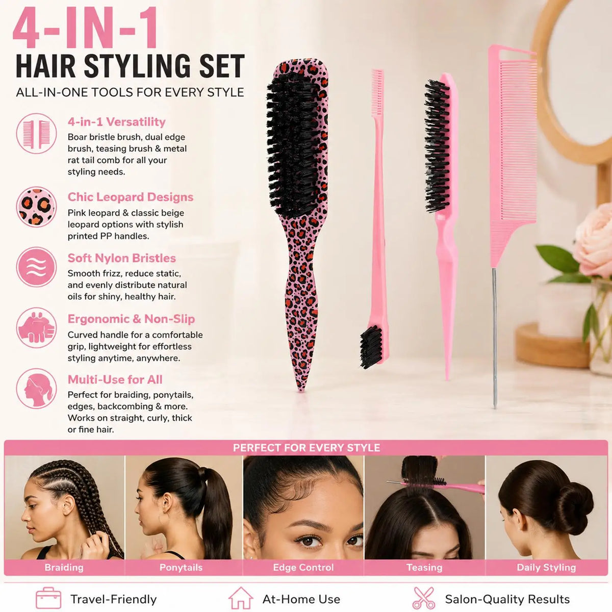 Curl Defining Brush Set | Edge Control, Teasing & Slick Back Hair Brush Set QXL