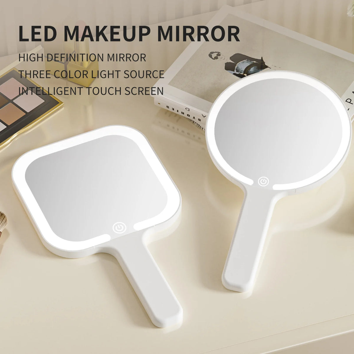 LED Lighted Handheld Makeup Mirror | 3-Color Dimmable Light Lighted Makeup Mirror QXL