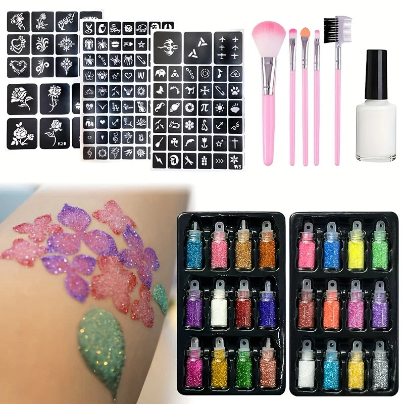 24-Color Glitter Temporary Tattoo Kit | Glue, Templates & Brushes Glitter Tattoo Kit QXL