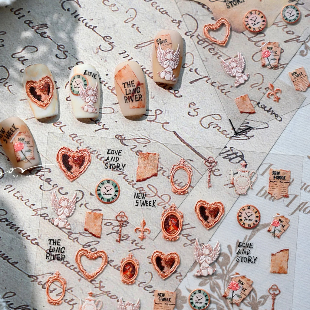 Retro Vintage 5D Nail Art Stickers | Rose Clock Angel Decals Nail Art Stickers QXL