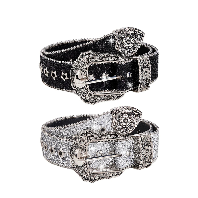 Women's Rhinestone Belt | Gothic Y2K Western Cowboy PU Leather Rhinestone Fashion Belt QXL