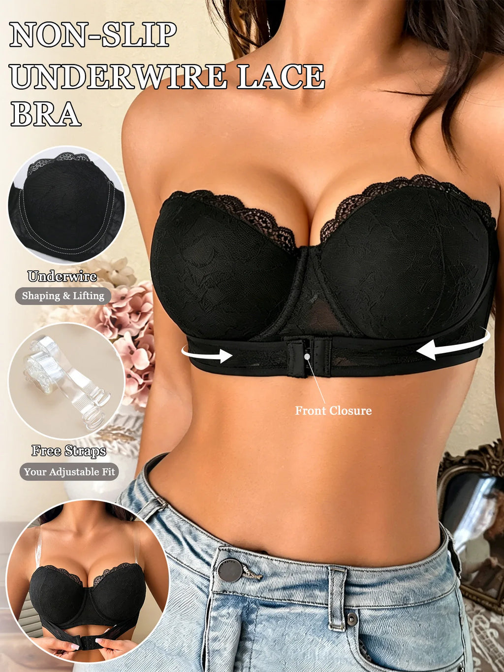 Women's Strapless Push-Up Bra | Front Closure Lace Underwire Strapless Push-Up Bra QXL