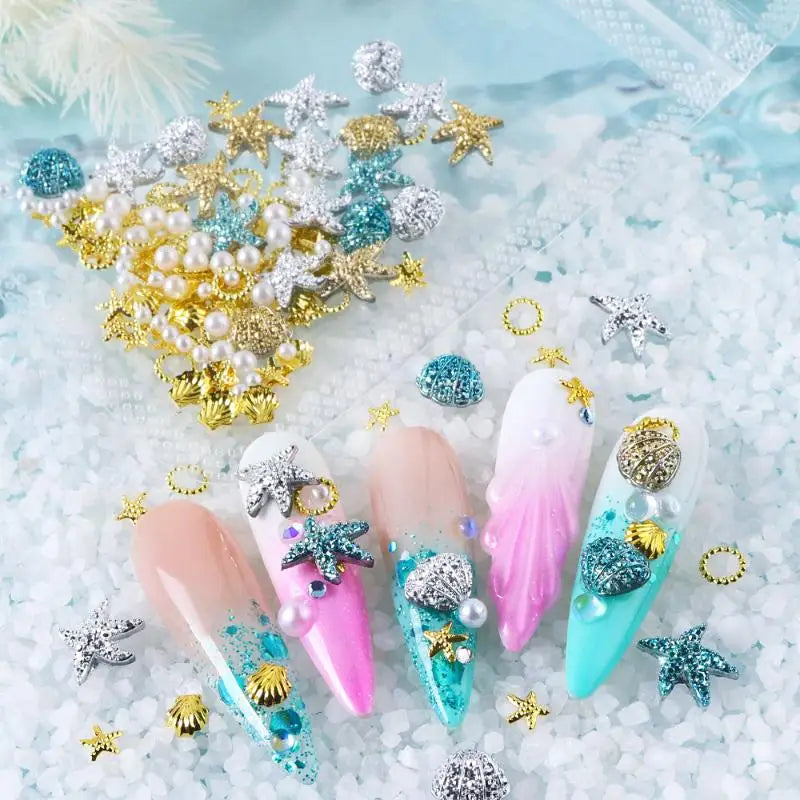 3D Ocean Nail Charms – Shell Starfish Pearl Metal Resin Art 3D Nail Charms QXL