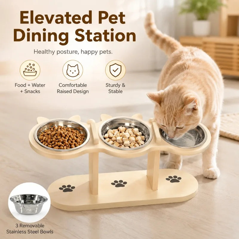 3-Bowl Elevated Cat Feeder | Wooden Stand & Steel Bowls Elevated Pet Feeder QXL