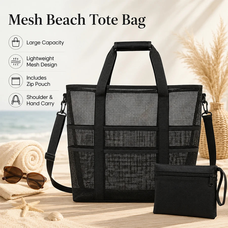 2-in-1 Quick Dry Mesh Beach Tote Bag with Detachable Pouch Mesh Beach Tote QXL Black
