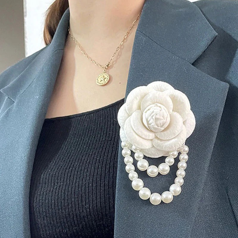 Camellia Pearl Brooch | Retro Floral Pin White Black Red Pink Floral Brooch Pin QXL