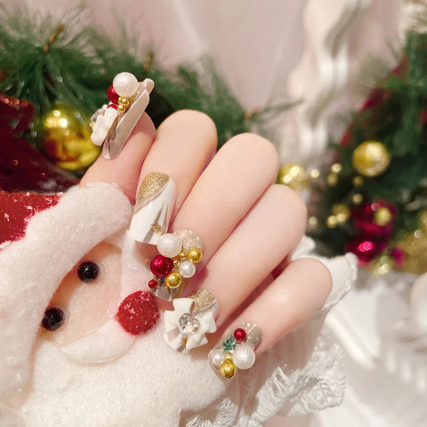 24-Pc Christmas Bowknot Press-On Nails Kit | Festive Manicure Press-On Nail Kit QXL