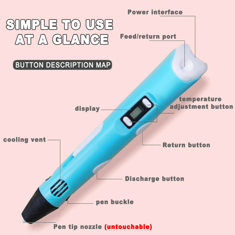 3D Printing Pen LED Display & 25M PLA Filament | Kids DIY Gift 3D Drawing Pen QXL