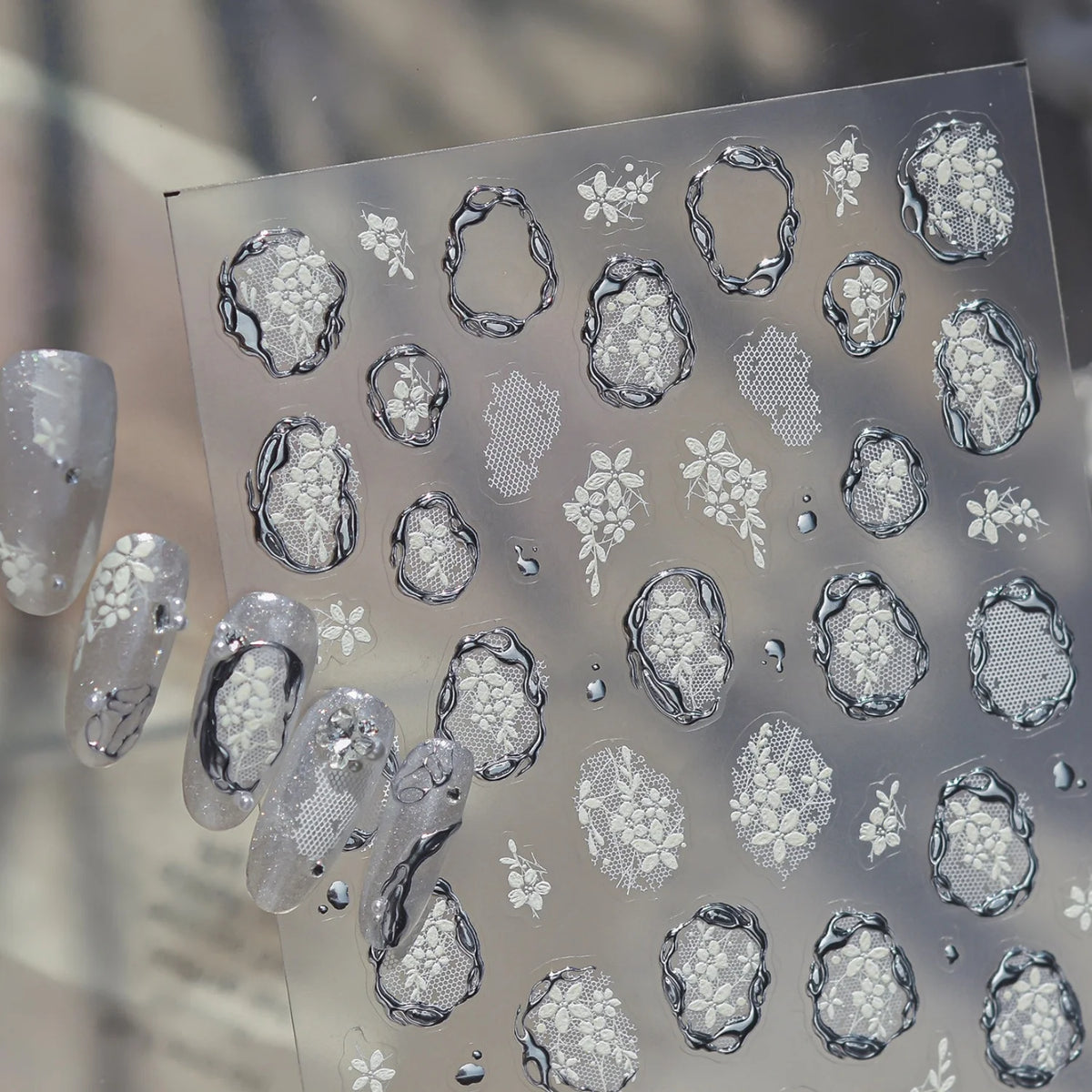 5D Lace Floral Nail Stickers | Vintage French Manicure Decals Nail Art Stickers QXL