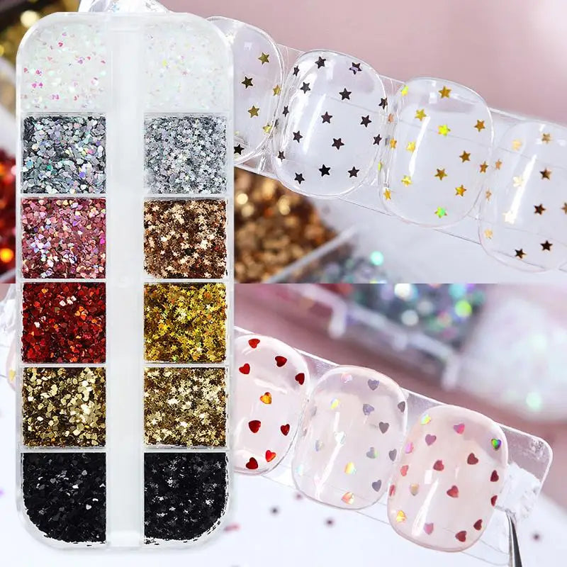 1mm Star & Heart Nail Glitter Set | 12 Laser Designs DIY Nail Glitter Set QXL
