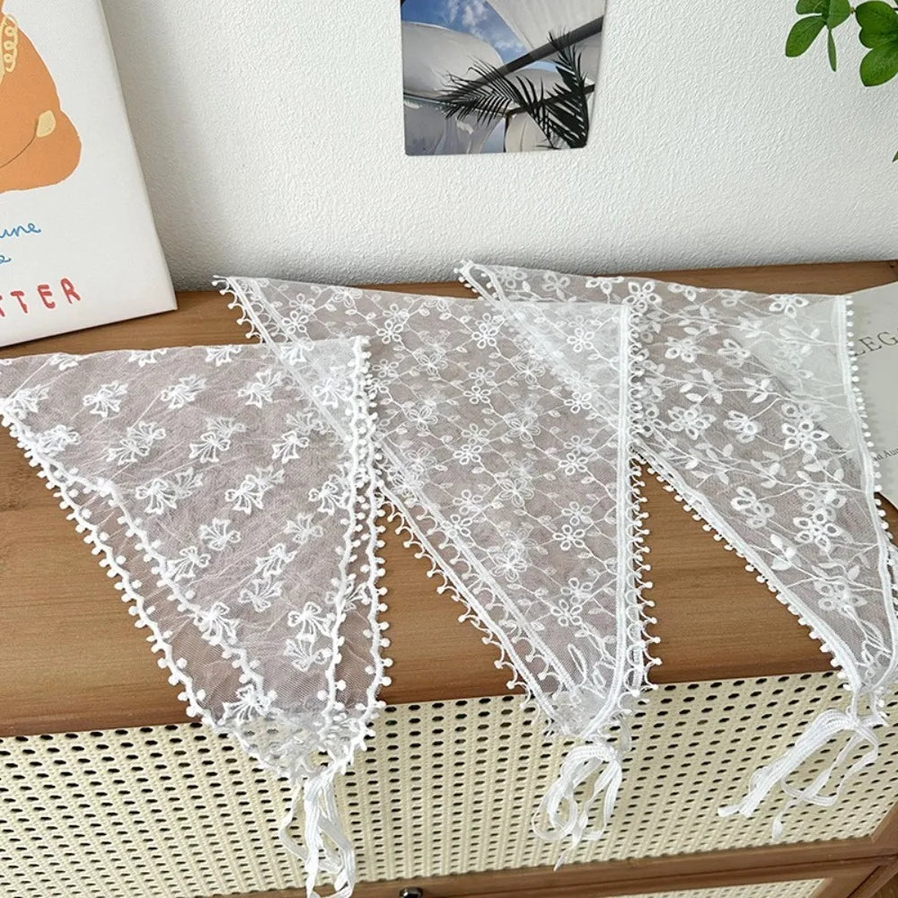 White Lace Triangle Hair Scarf | Floral Woven Headscarf Lace Hair Scarf QXL
