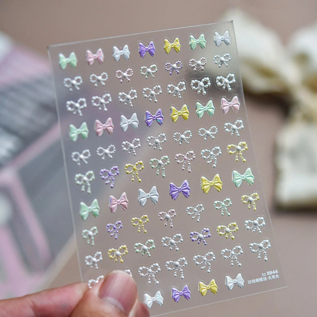 Macaron Bow 5D Nail Stickers | Pearl & Chain Decals Nail Art Stickers QXL