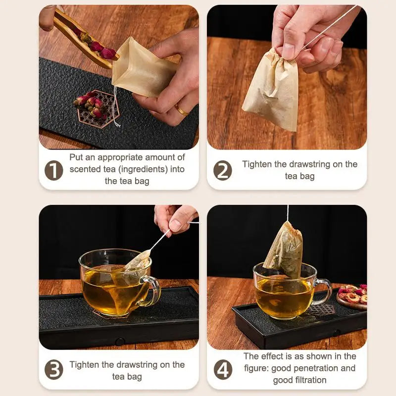 100-Pack Drawstring Tea Filter Bags | Unbleached Eco Wood Pulp Tea Filter Bags QXL