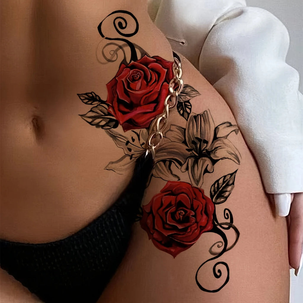 Red Rose & Snake Waterproof Temporary Tattoos | Transfer Set Temporary Tattoos QXL