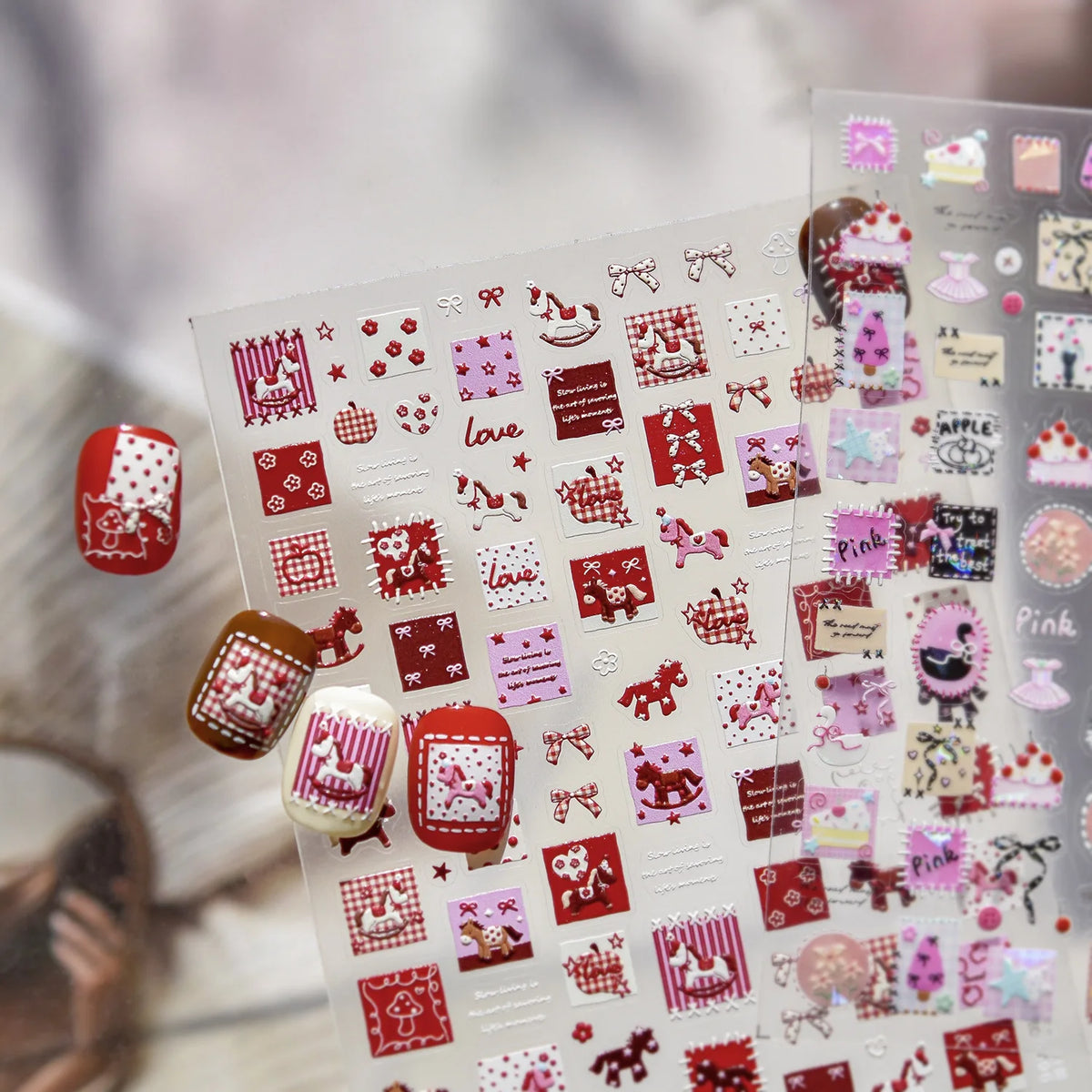 5D Vintage Nail Stickers – Checkered Heart Polka Dot Decals Nail Art Stickers QXL