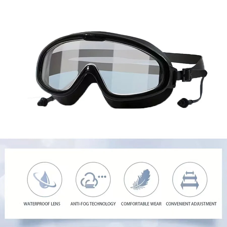 Adult Wide-Vision Swim Goggles with Earplugs | Anti-Fog