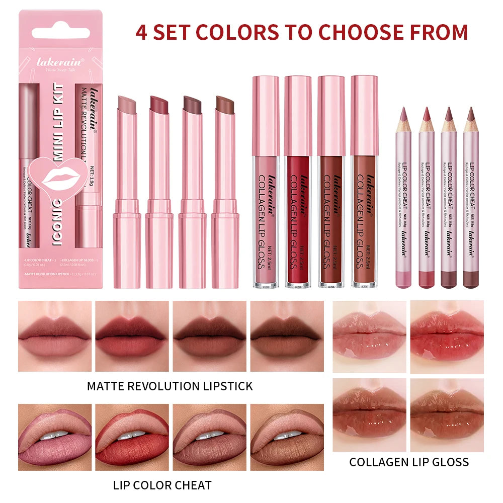 Lakerain Mini Lip Kit – Lipstick, Liner & Gloss Set Lip Makeup Set QXL