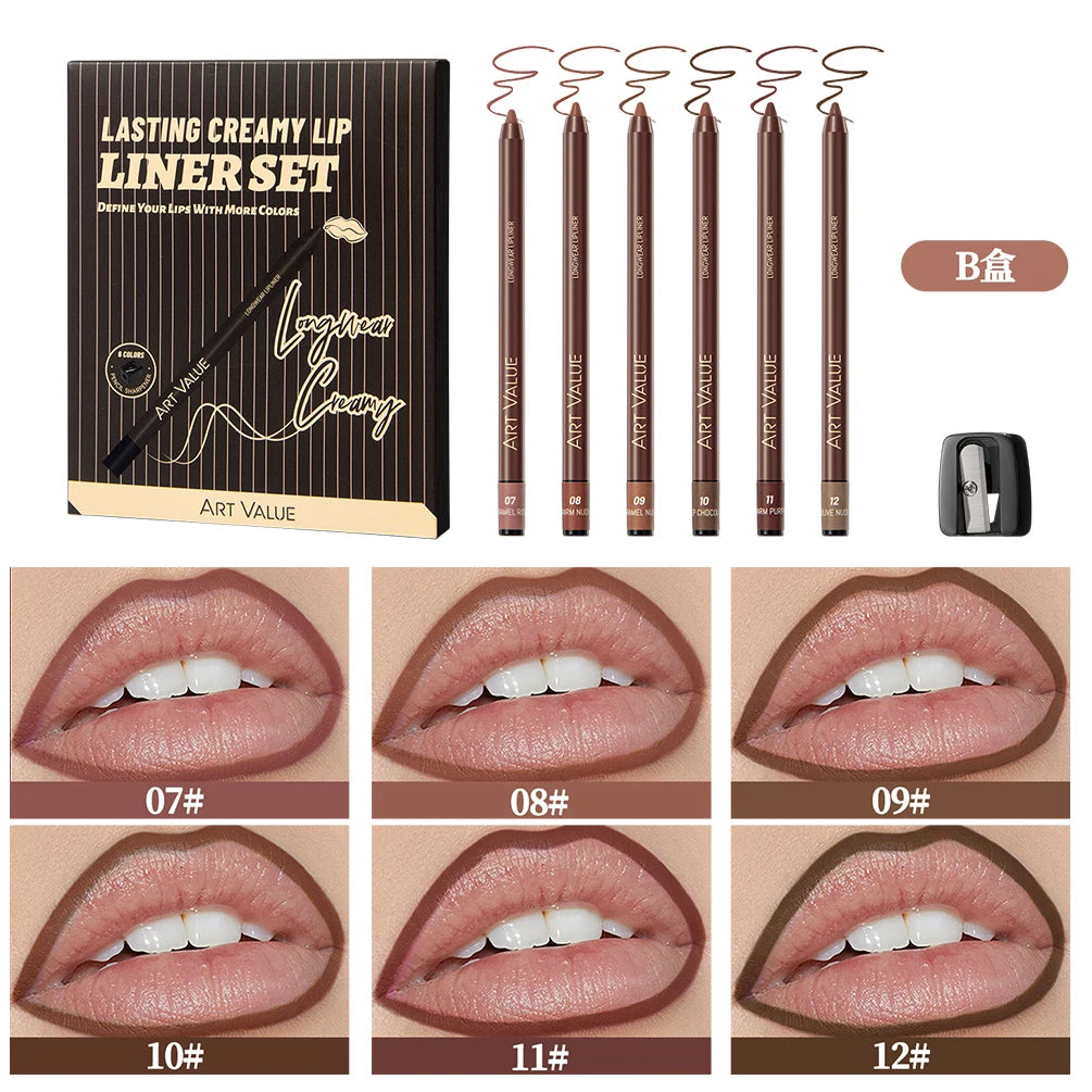 QiBest 6-Pc Matte Lip Liner Set | Nude Brown Red Lipliner Lip Liner Set QXL Set B