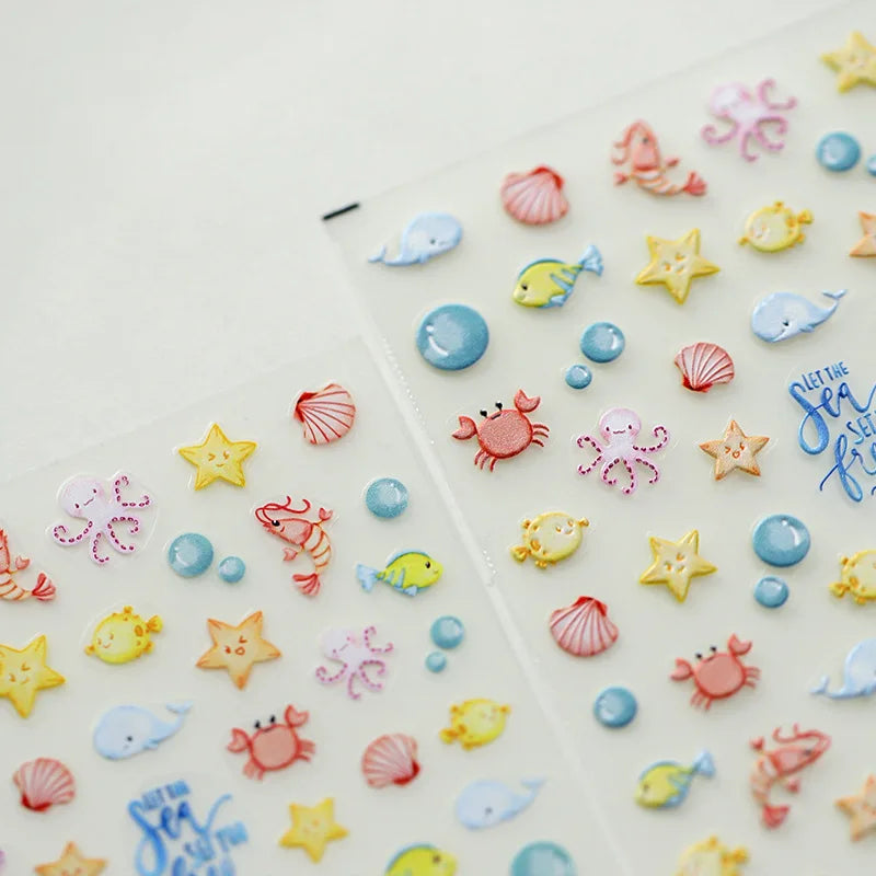5D Embossed Ocean Nail Stickers | Kawaii Sea Shell Manicure Decals Nail Art Stickers QXL