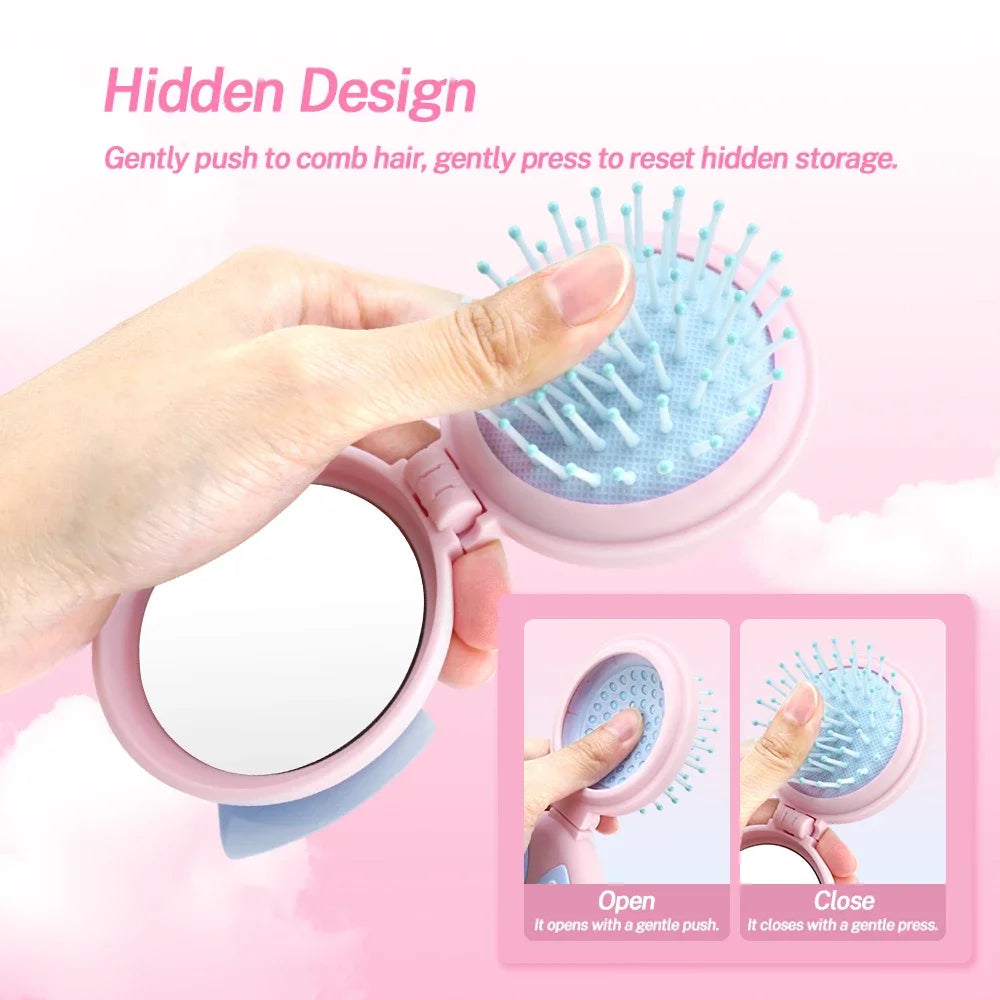 Mini Foldable Air Cushion Hair Brush with Mirror – Cute Bow Foldable Hair Brush QXL