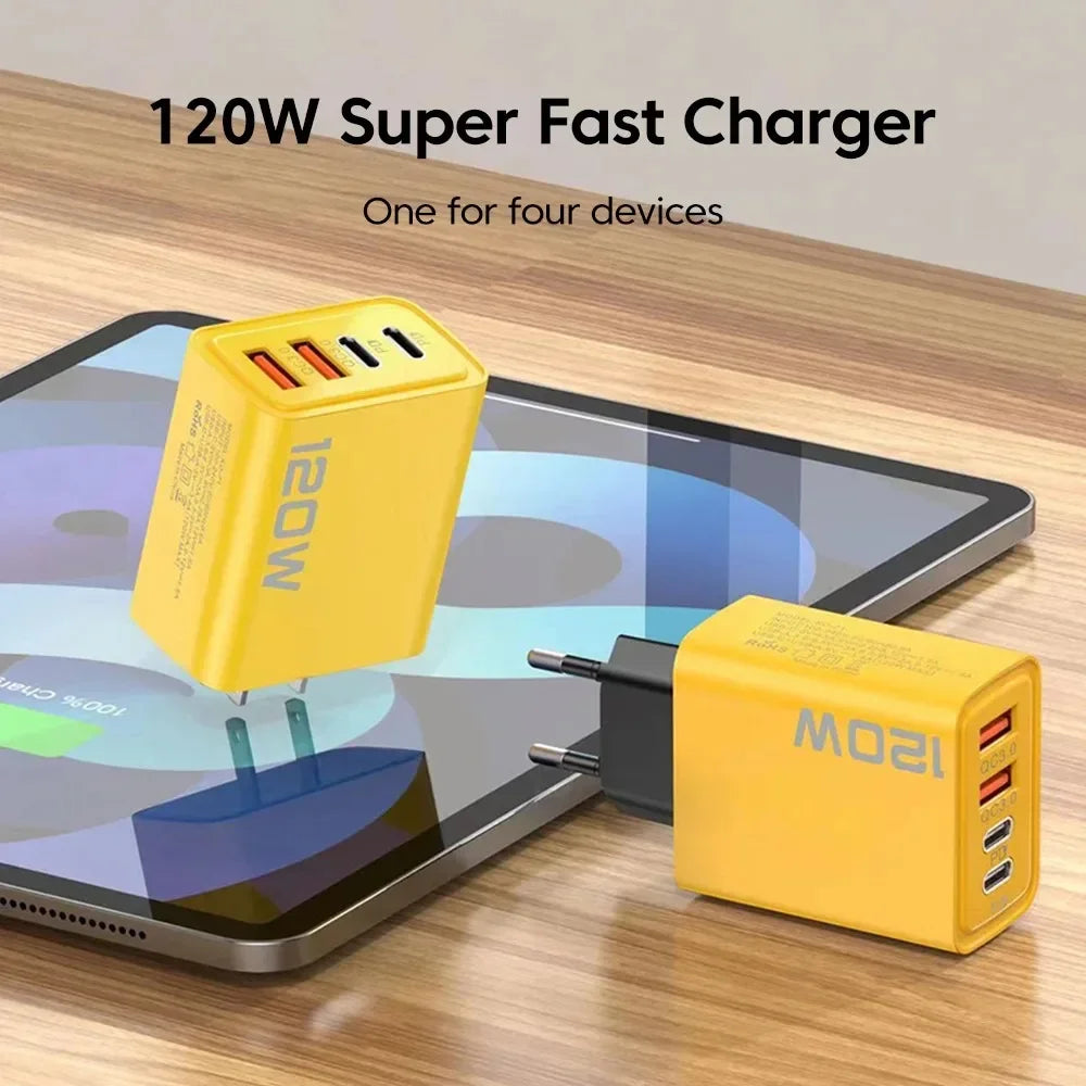 120W 4-Port USB-C Fast Charger | EU US UK Plug PD Adapter USB-C Wall Charger QXL