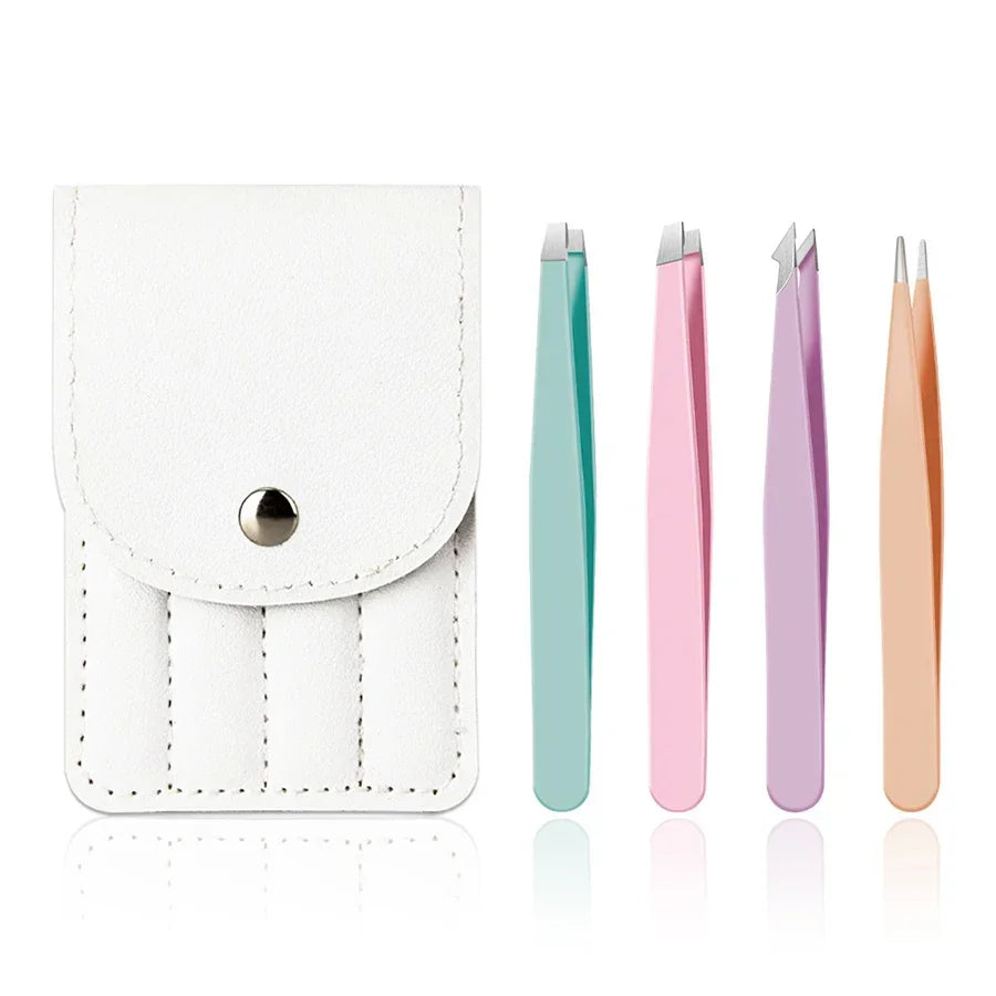 4-Pc Colorful Stainless Steel Eyebrow Tweezer Set + Storage Bag Eyebrow Tweezer Set QXL M51 colorful 4 pcs